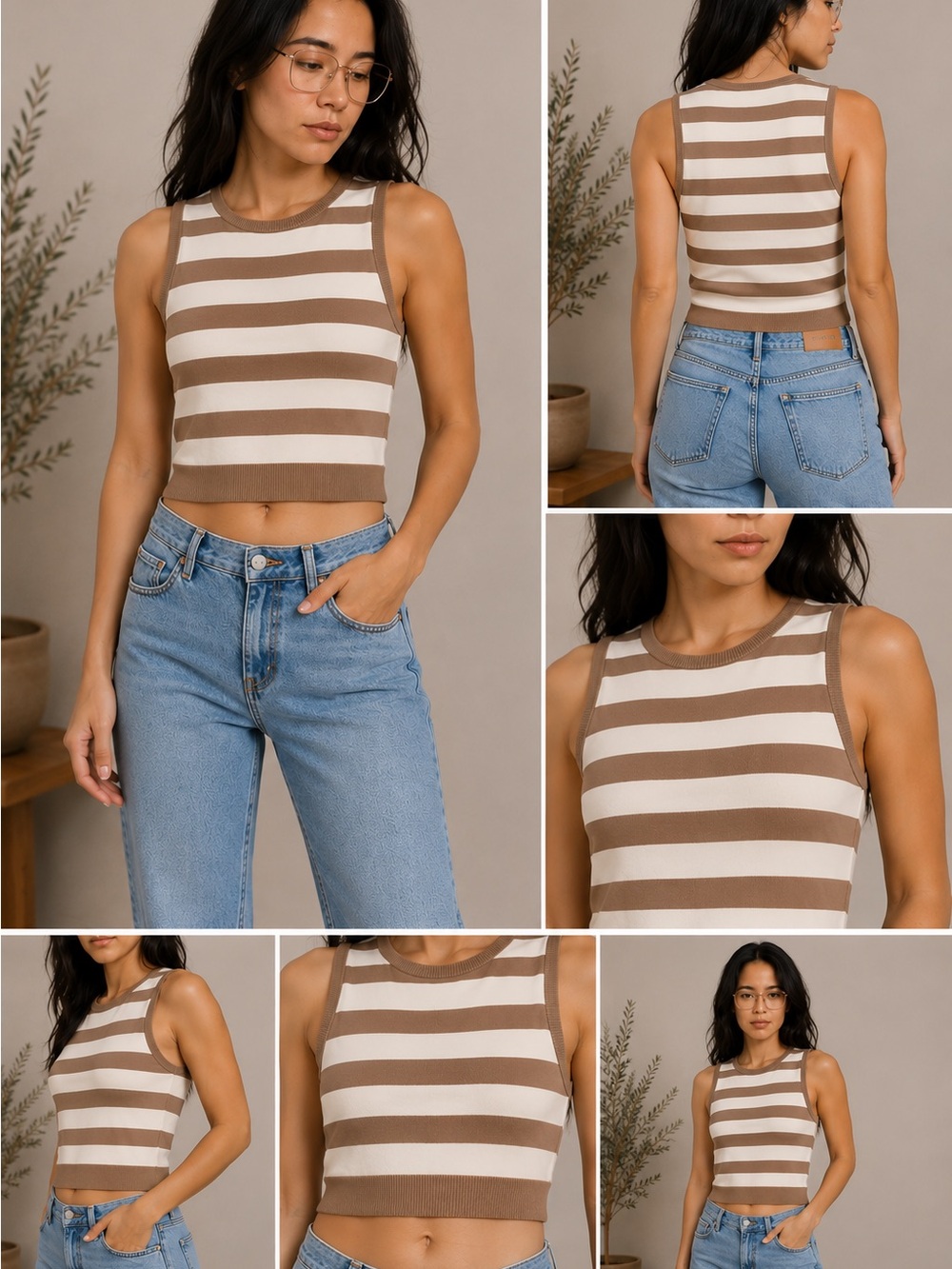 Striped Rib-Knit Crop Tank Top - Taupe Brown & Cream